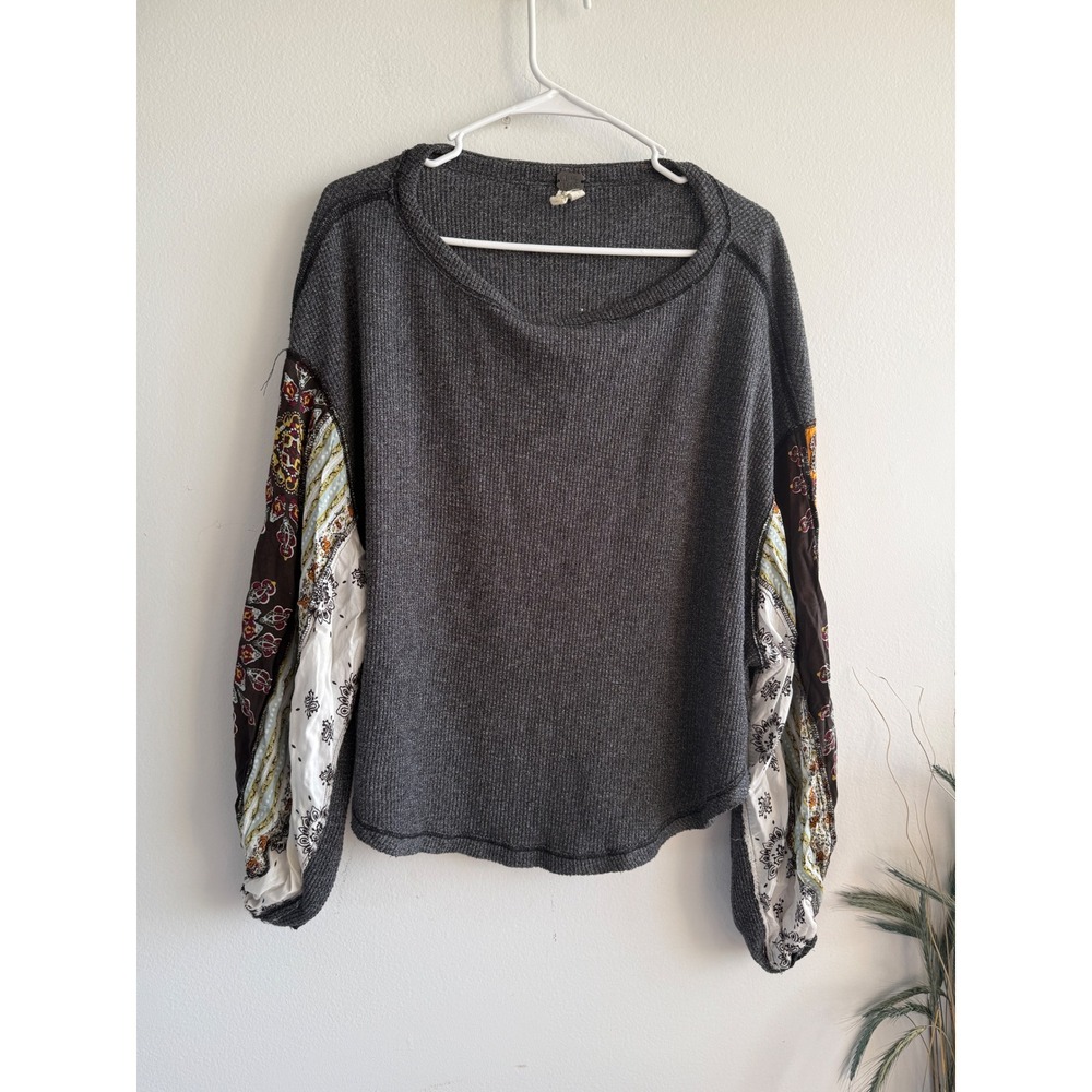 Free People We The Free Grey Waffle Knit Patchwork Paisley Sleeve Thermal Top XS